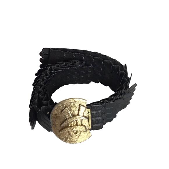 Vintage Belt Black Disco Belt Fish Scale  belt with gold Buckle - Picture 1 of 8